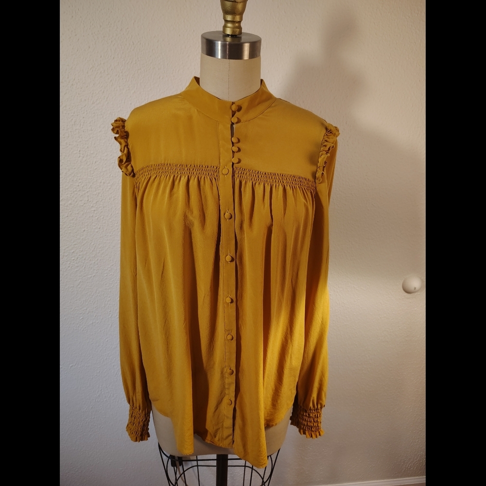 a loves a Mustard Gold 100% Silk Button-Up Blouse